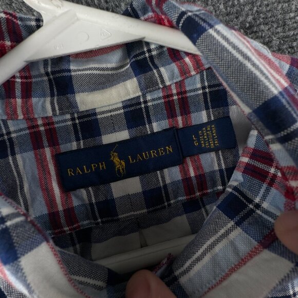 Ralph Lauren Short Sleeve Button Up Shirt Men Cotton OCBD Red White Blue Large - Picture 7 of 9